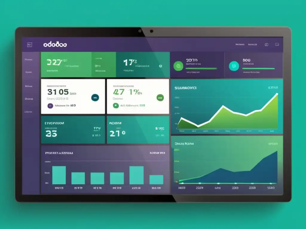 Vibrante dashboard de marketing con Odoo, reflejo de tecnología avanzada y herramientas modernas