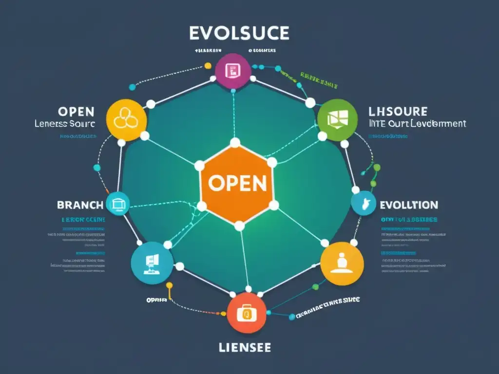 El crecimiento dinámico de las licencias de código abierto Ilustración vibrante y moderna que representa la evolución de licencias open source, con una red dinámica de nodos interconectados