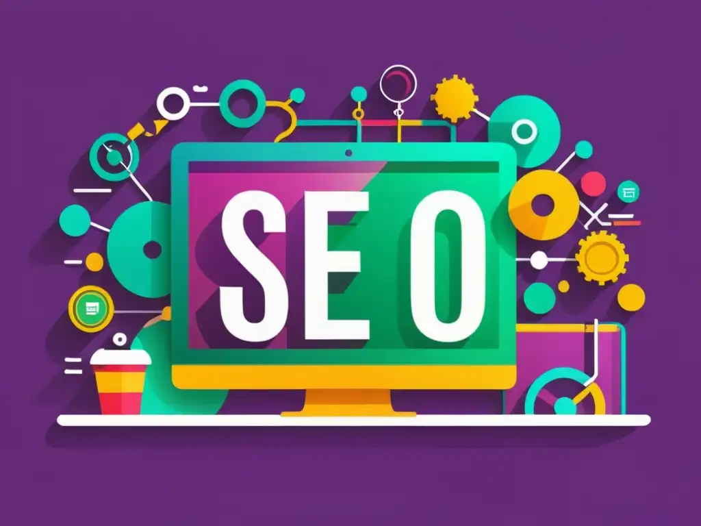 Una ilustración vibrante y moderna de una página web siendo optimizada con herramientas gratuitas de SEO de código abierto, con colores dinámicos y gráficos elegantes