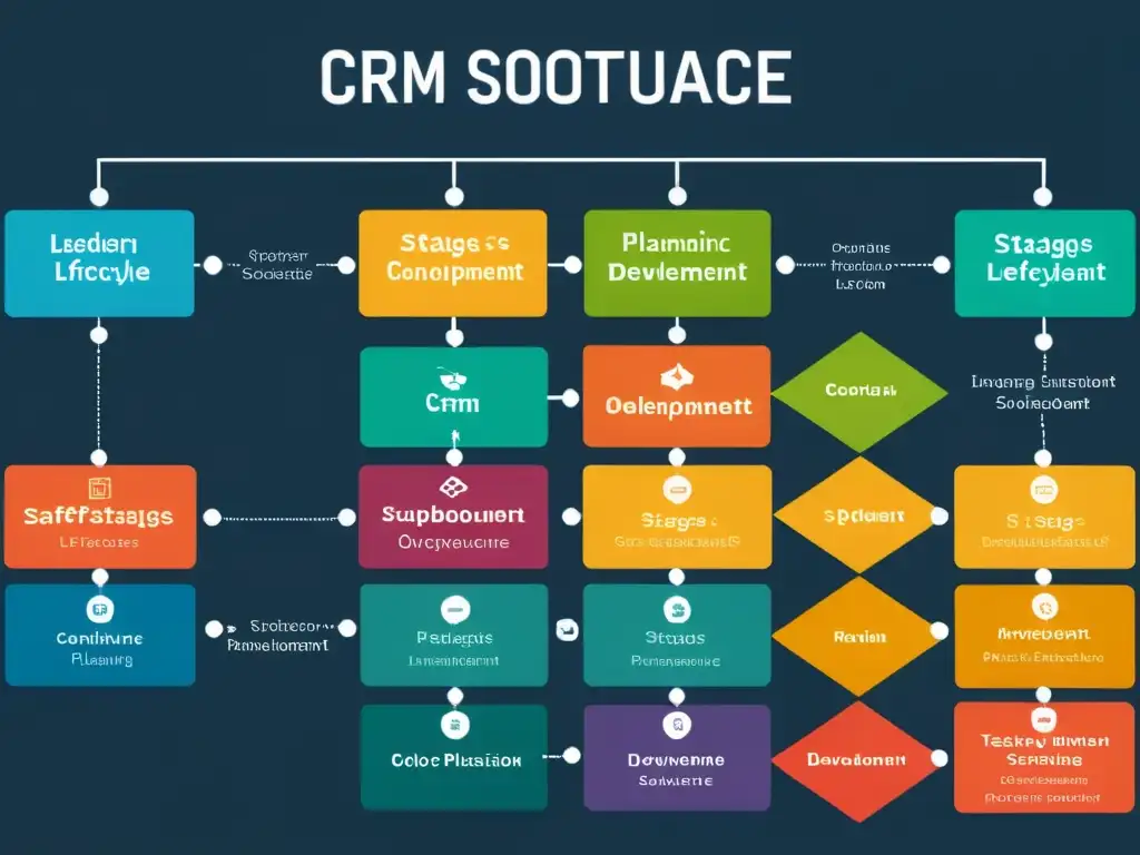 Vibrante y moderno diagrama de flujo 8k que ilustra el ciclo de vida del software CRM de código abierto con fases claras y atractivas