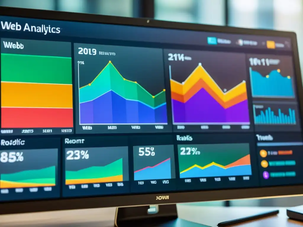 Vibrante monitor muestra gráficos detallados de análisis web multilingüe con herramientas SEO código abierto