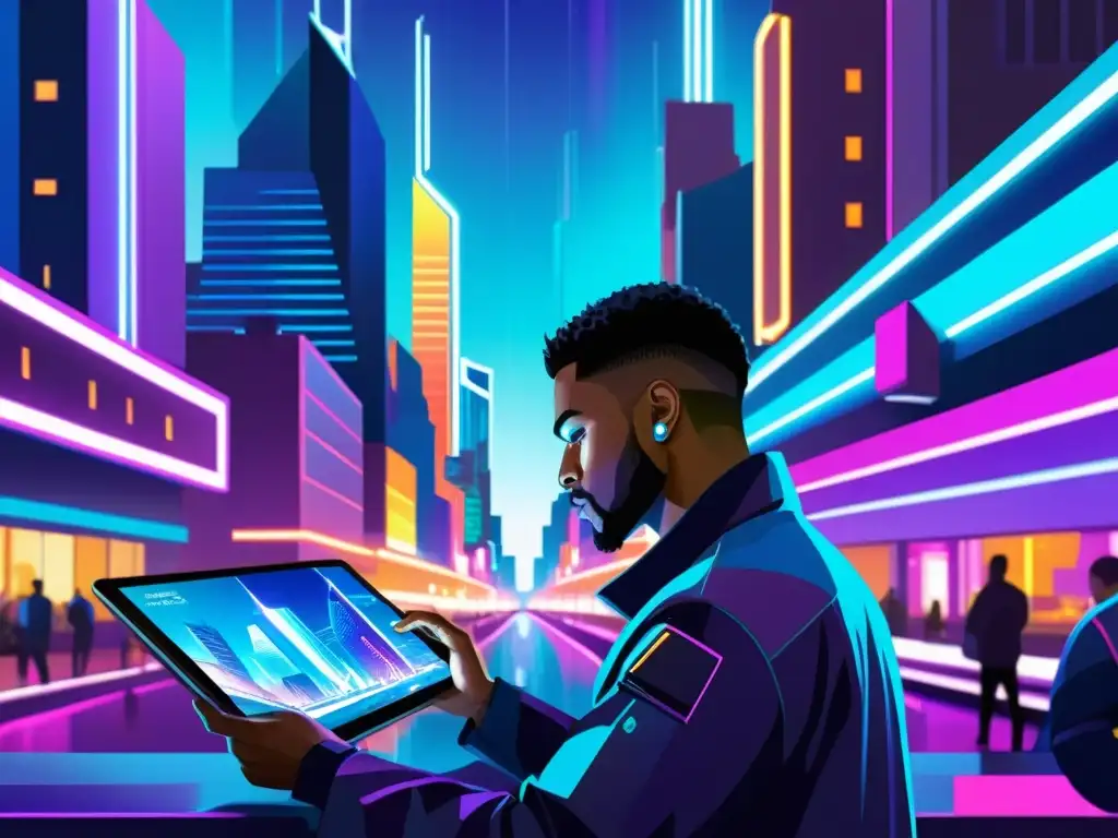 Un vibrante paisaje urbano futurista creado digitalmente, con un artista trabajando en un tablet