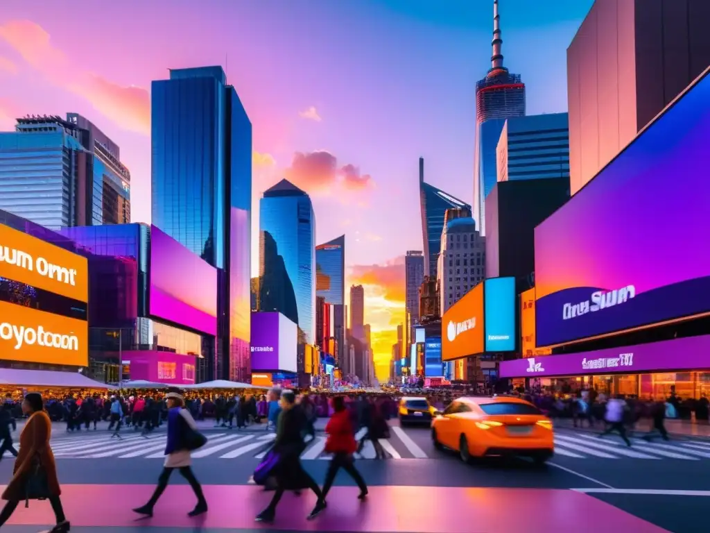 Un vibrante paisaje urbano con gente y autos en movimiento, rodeado de rascacielos modernos y vallas publicitarias coloridas