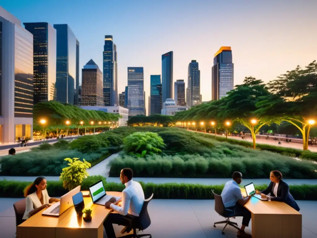 Un vibrante paisaje urbano al anochecer, con rascacielos iluminados por la cálida luz de farolas y ventanas de oficinas