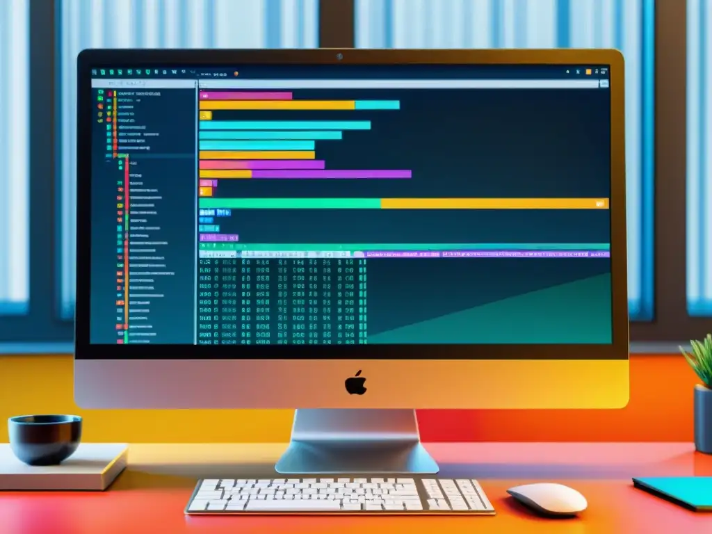 Vibrante pantalla de código abierto para principiantes, rodeada de íconos de software, en un espacio de trabajo moderno y minimalista