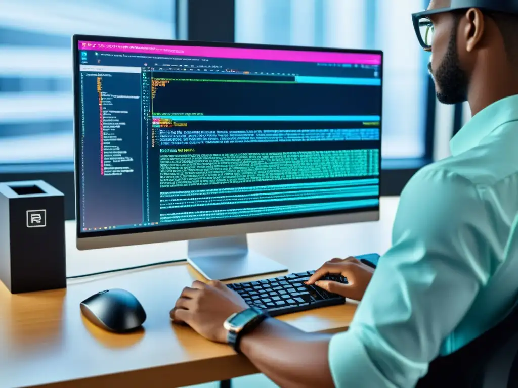 Vibrante pantalla de código en un entorno profesional y moderno