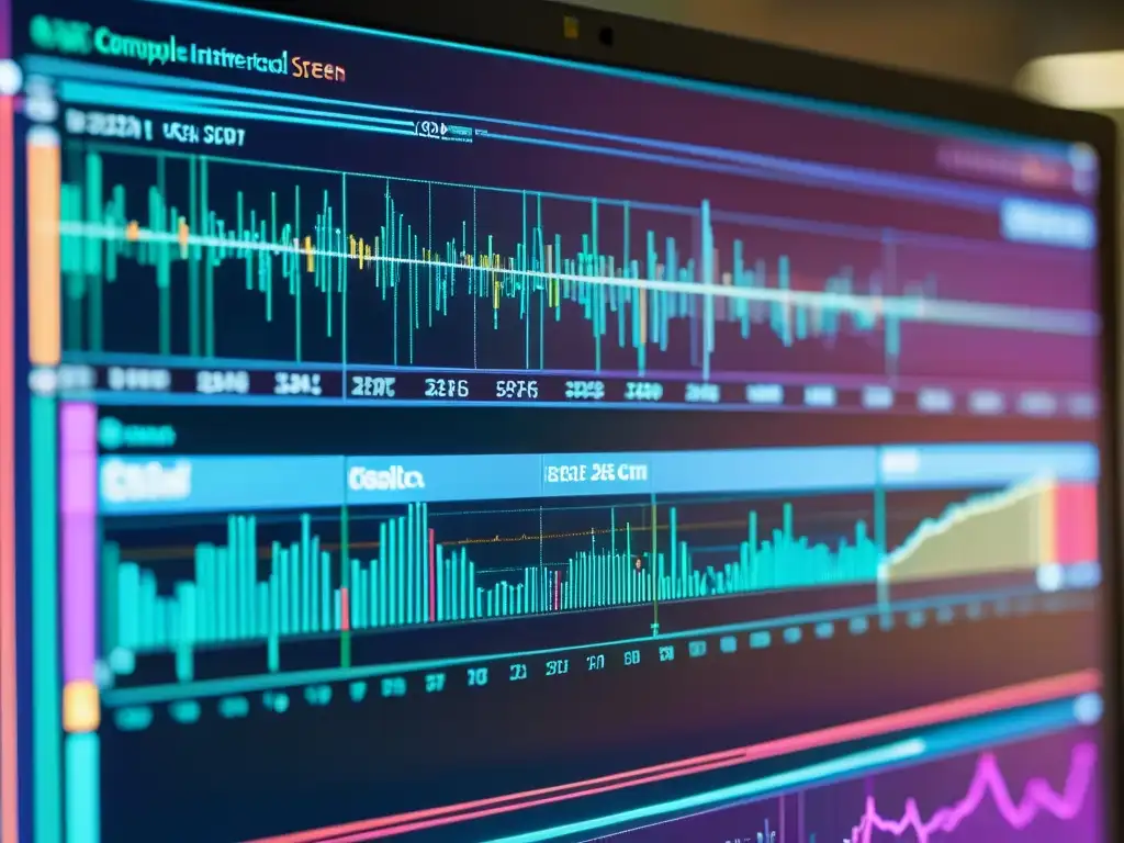 Vibrante pantalla de código con gráficos, símbolos y conexiones, reflejando metodologías evaluación riesgos proyectos código abierto