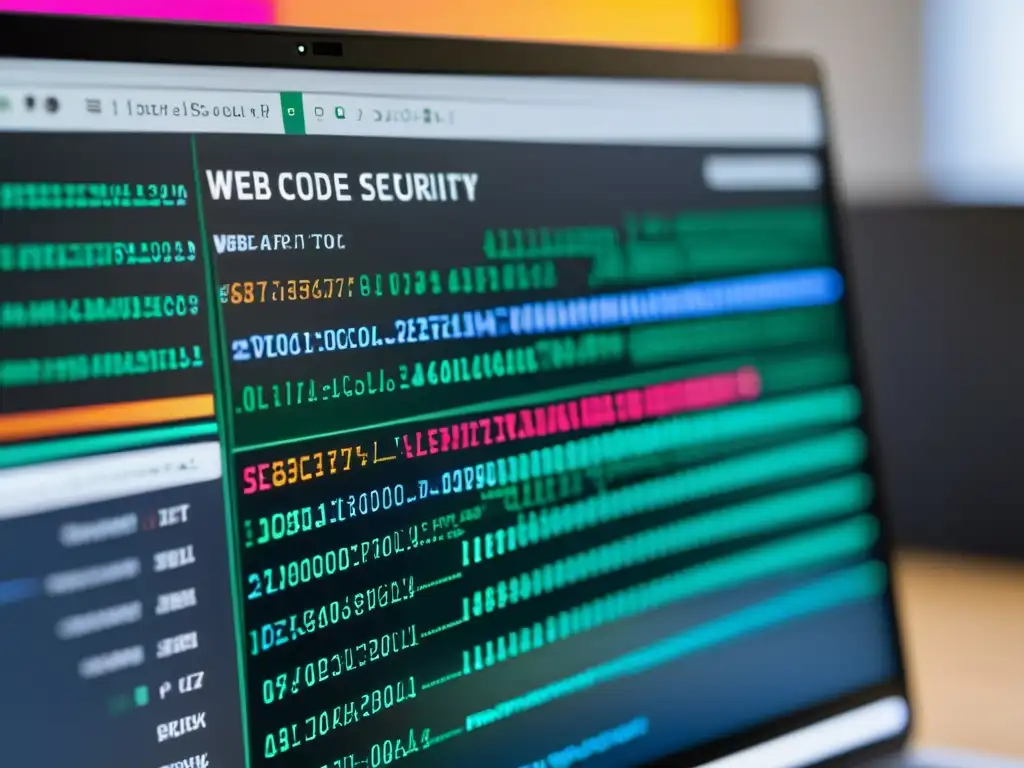 Vibrante pantalla de código y seguridad aplicaciones web open source en un entorno profesional y vanguardista