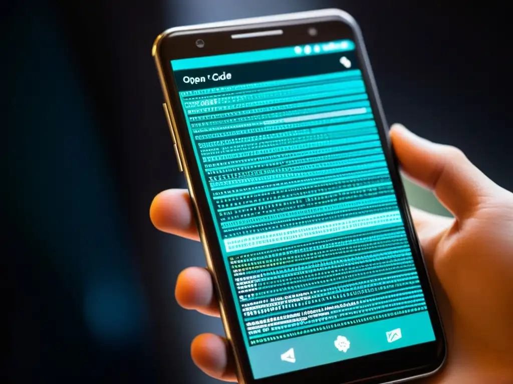Vibrante pantalla de smartphone muestra código del Proyecto de Código Abierto de Android (AOSP) con diseño futurista