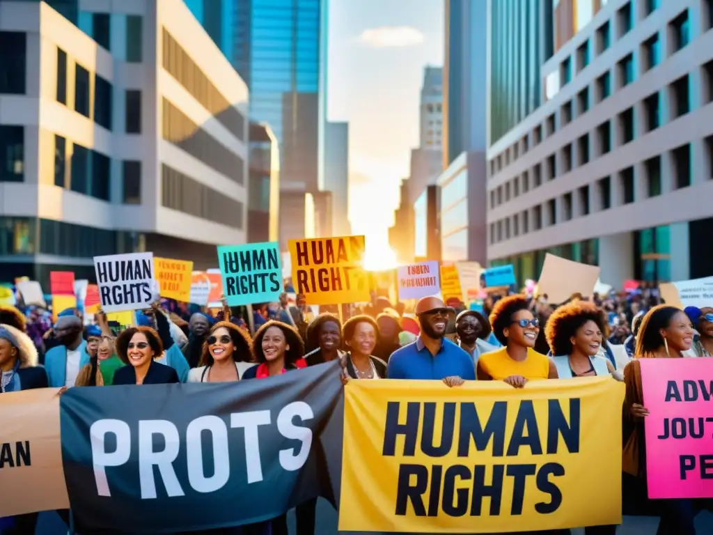 Un vibrante y poderoso encuentro de activistas en una bulliciosa calle de la ciudad, abogando por los derechos humanos y la libertad de expresión