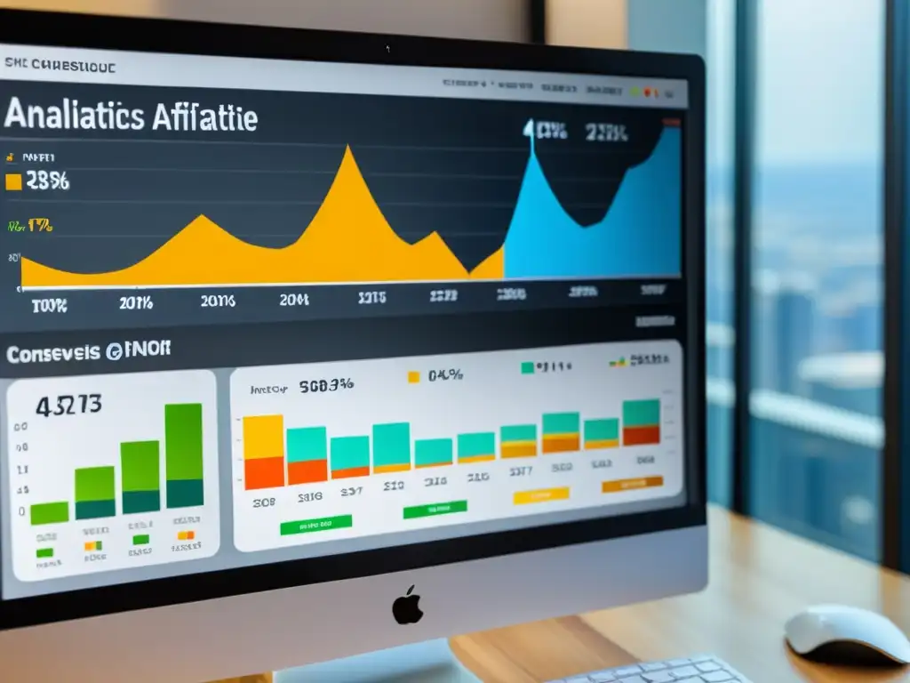 Vibrante dashboard de KPIs para programas de afiliación en software de código abierto en monitor moderno, con gráficos detallados