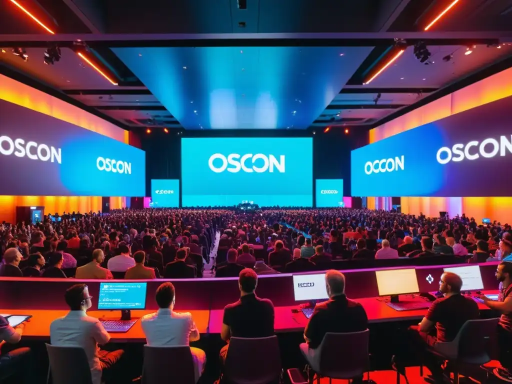 Vibrante sala de conferencias en OSCON, con participantes diversificados y tecnología innovadora