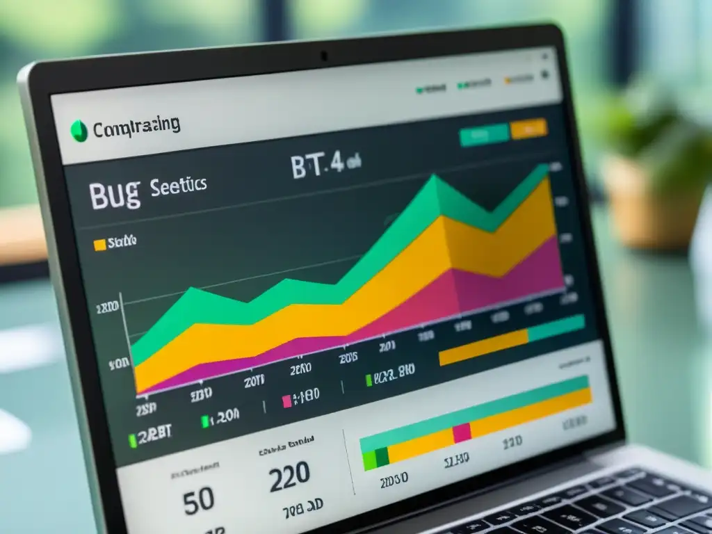 Vibrante dashboard de seguimiento de errores con gráficos y estadísticas, destacando las mejores prácticas bug tracking MantisBT