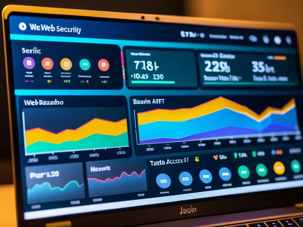 Vibrante dashboard de seguridad de aplicaciones web con visualizaciones detalladas y alertas en tiempo real