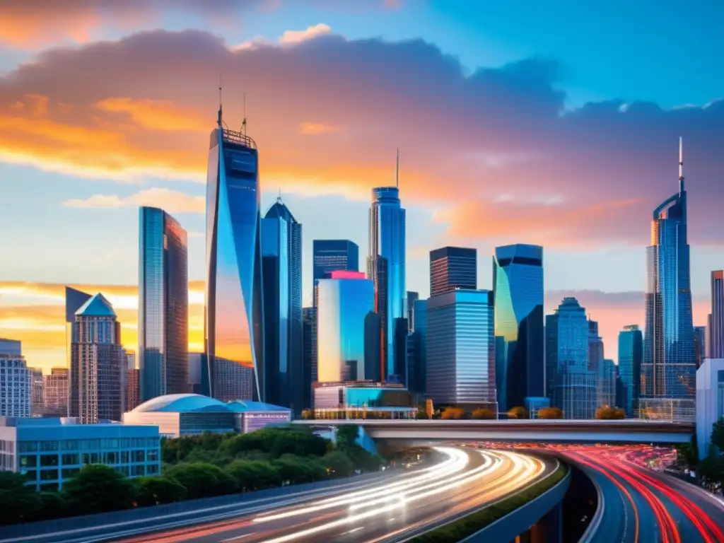 Vibrante skyline urbano al atardecer, reflejando energía e innovación