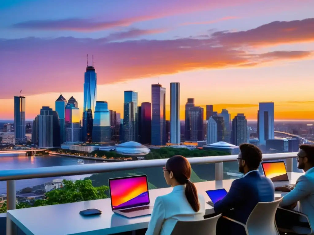 Un vibrante skyline urbano al atardecer, con rascacielos modernos iluminados frente a un colorido atardecer