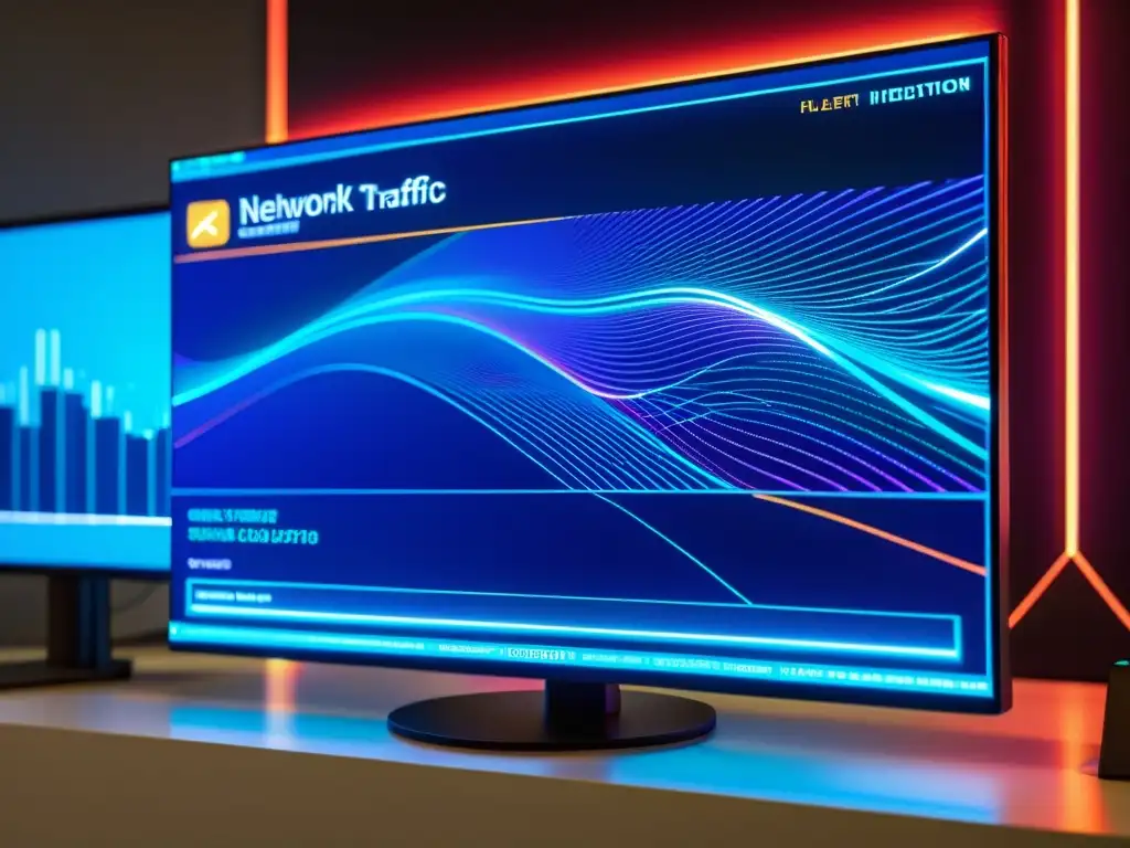 Vibrante visualización en tiempo real de tráfico de red con gráficos detallados y controles de seguridad software código abierto