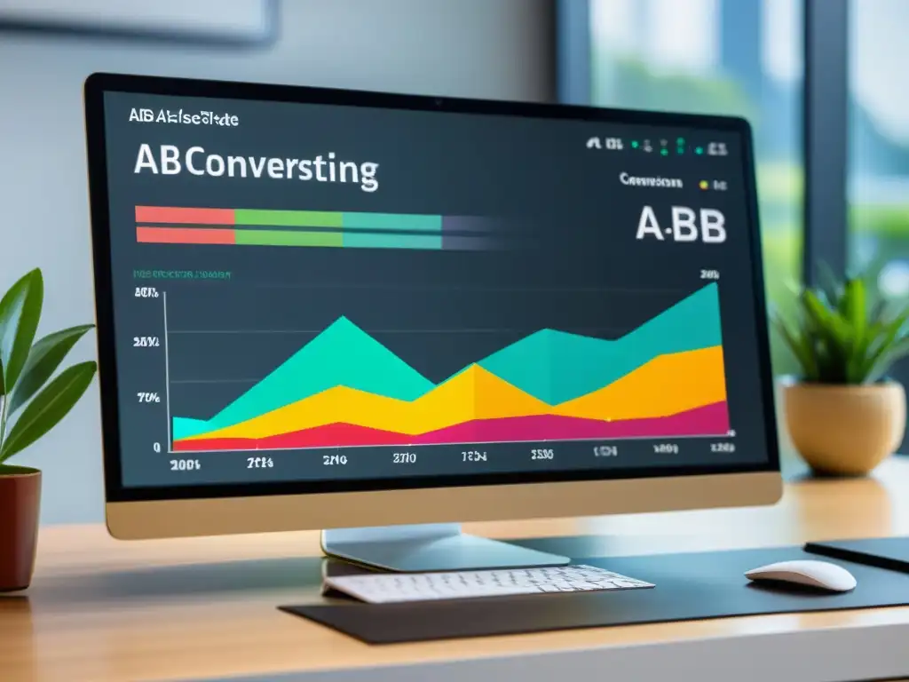 Vibrantes gráficos de A/B testing y optimización de conversiones con software abierto en pantalla de computadora, con diseño moderno y profesional