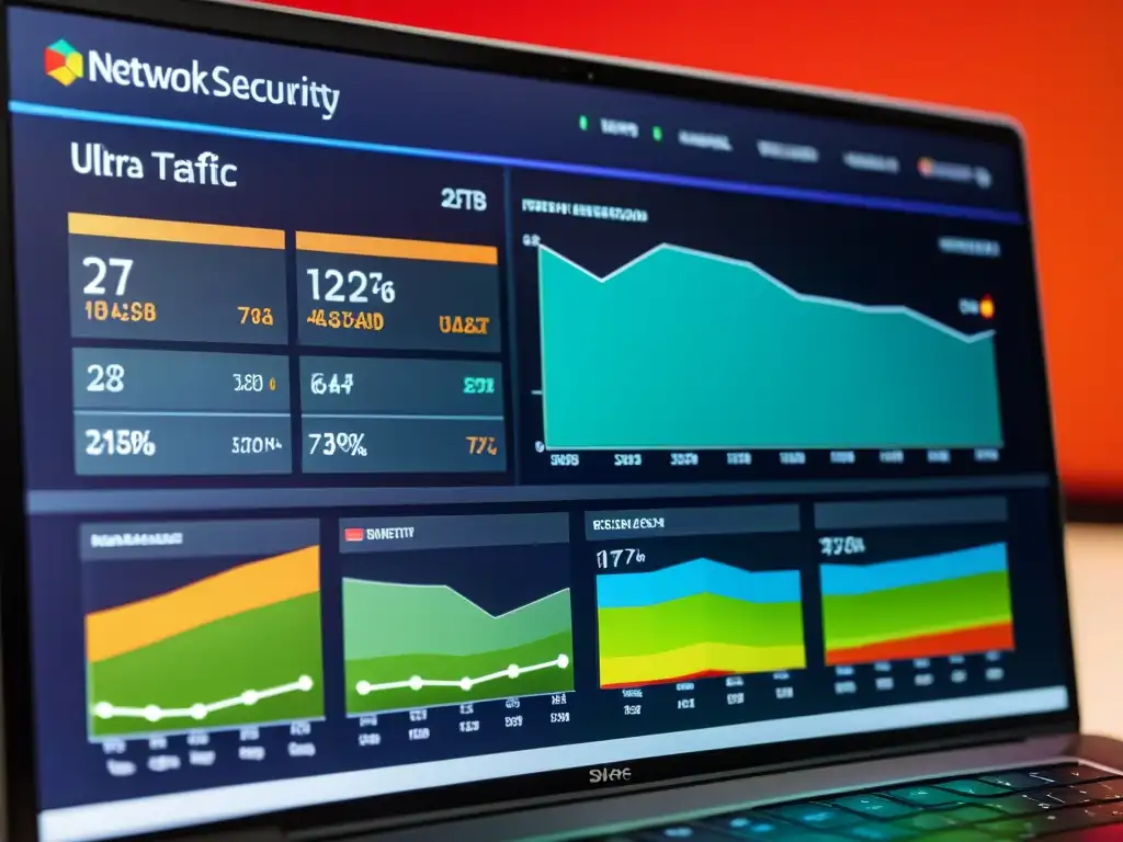 Vibrantes visualizaciones de datos en un panel de seguridad de red, destacando el poder de los frameworks open source para automatización de seguridad