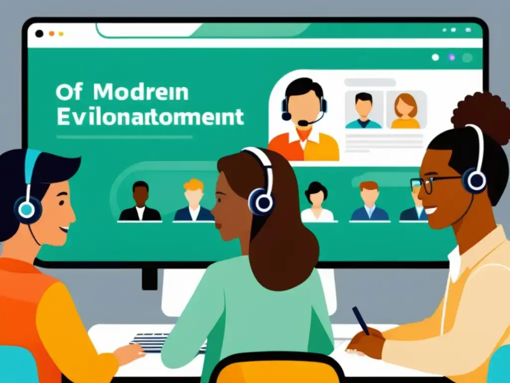 Implementación aula virtual Moodle: Ilustración moderna de estudiantes y profesores interactuando en un aula virtual con colores vibrantes