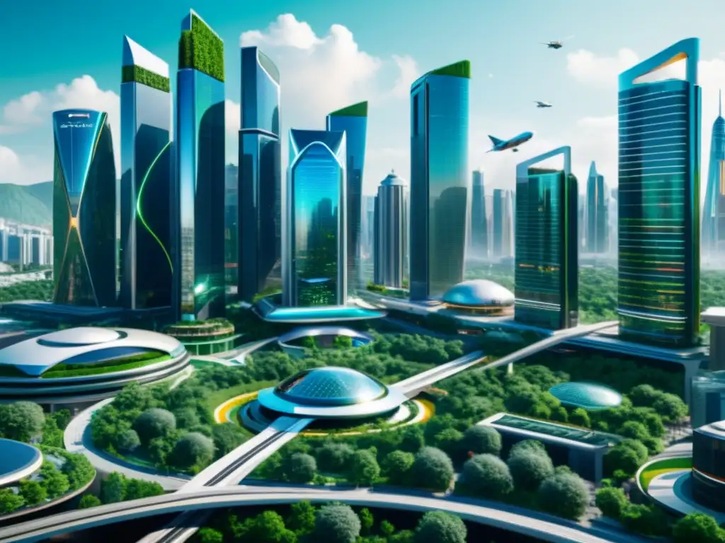 Una visión futurista de una ciudad conectada con hologramas y tecnología avanzada, rodeada de vegetación