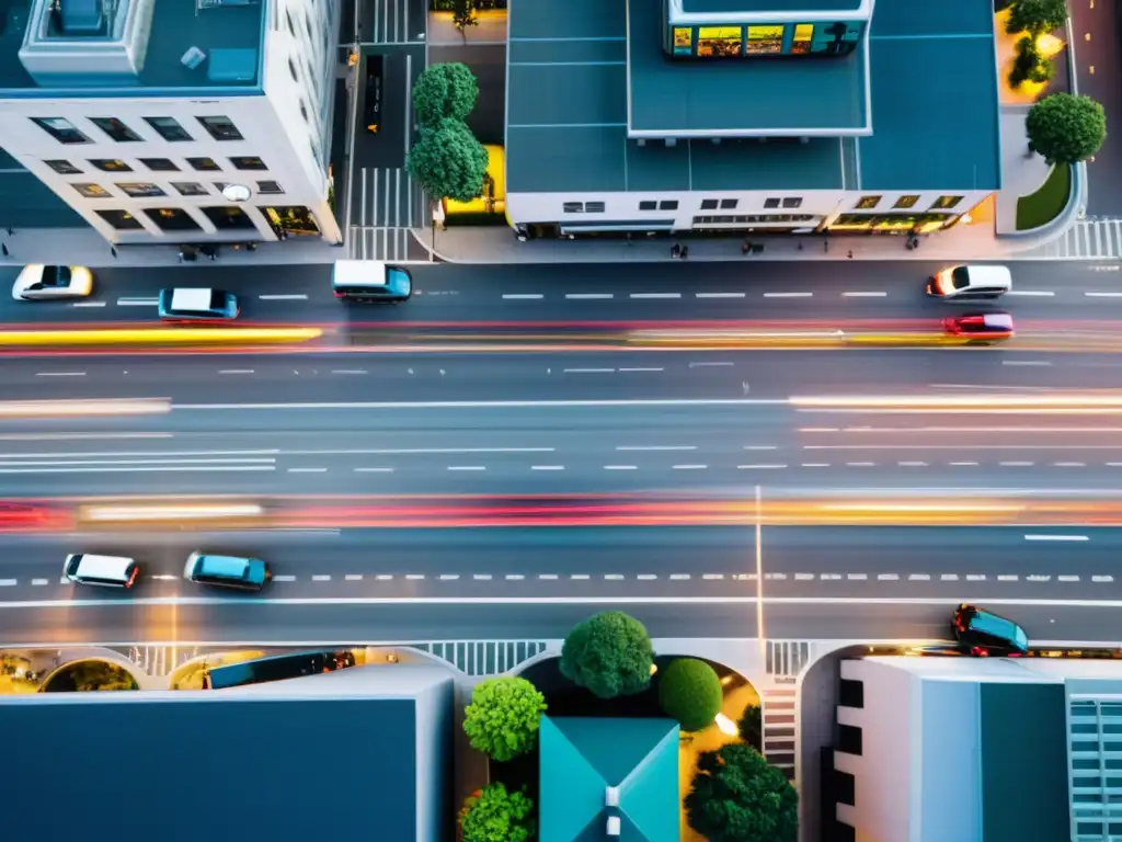 Vista aérea de una bulliciosa calle de la ciudad con un complejo tráfico de coches, autobuses y peatones