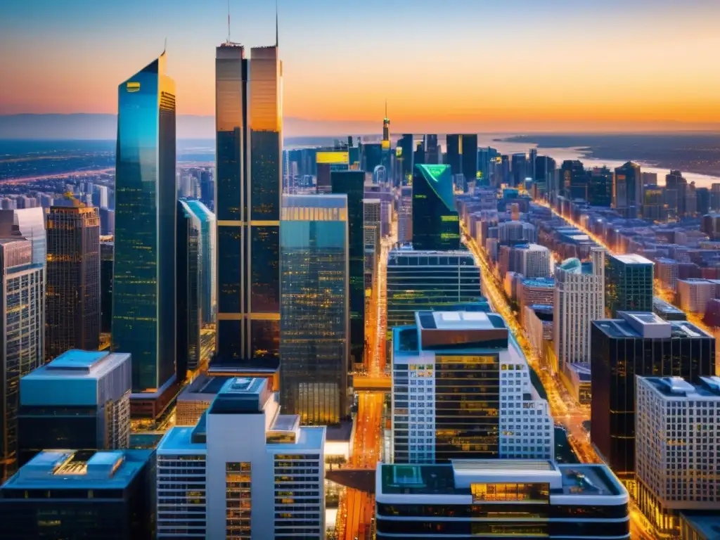 Vista aérea de una bulliciosa ciudad al atardecer con rascacielos de cristal reflejando el sol