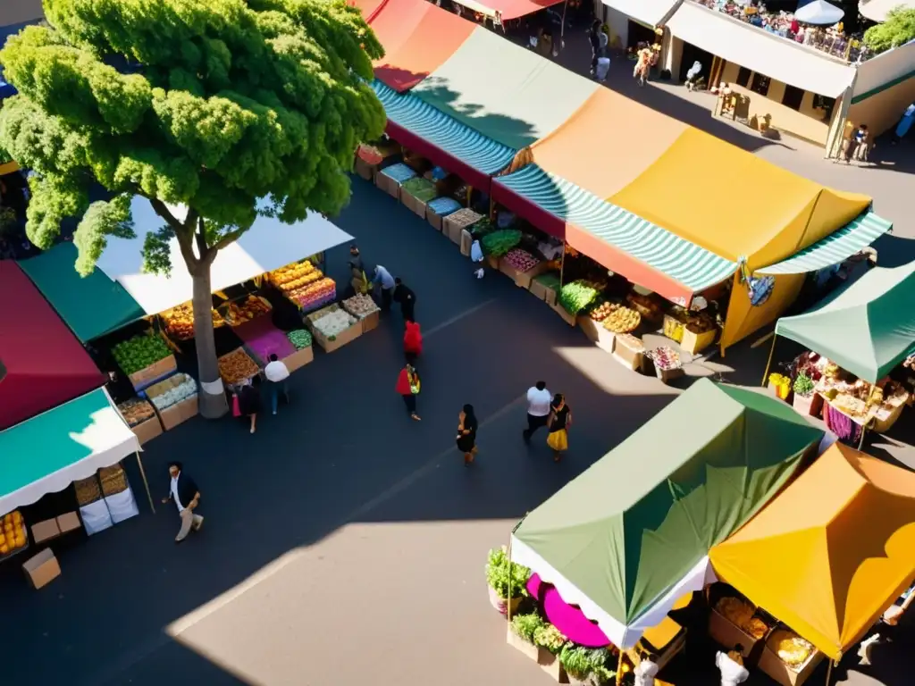 Vista aérea de un bullicioso mercado al aire libre, generación de ingresos en software abierto, ambiente vibrante bañado por cálida luz dorada