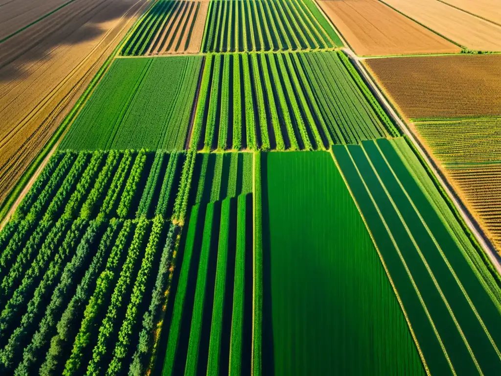 Vista aérea de campo agrícola verde exuberante con patrones de luz y sombra, destacando la agricultura sostenible y el software de código abierto