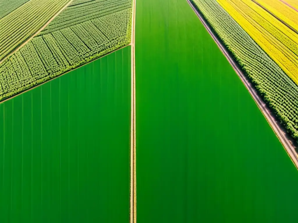 Vista aérea de campo agrícola verde y exuberante, con cultivos organizados