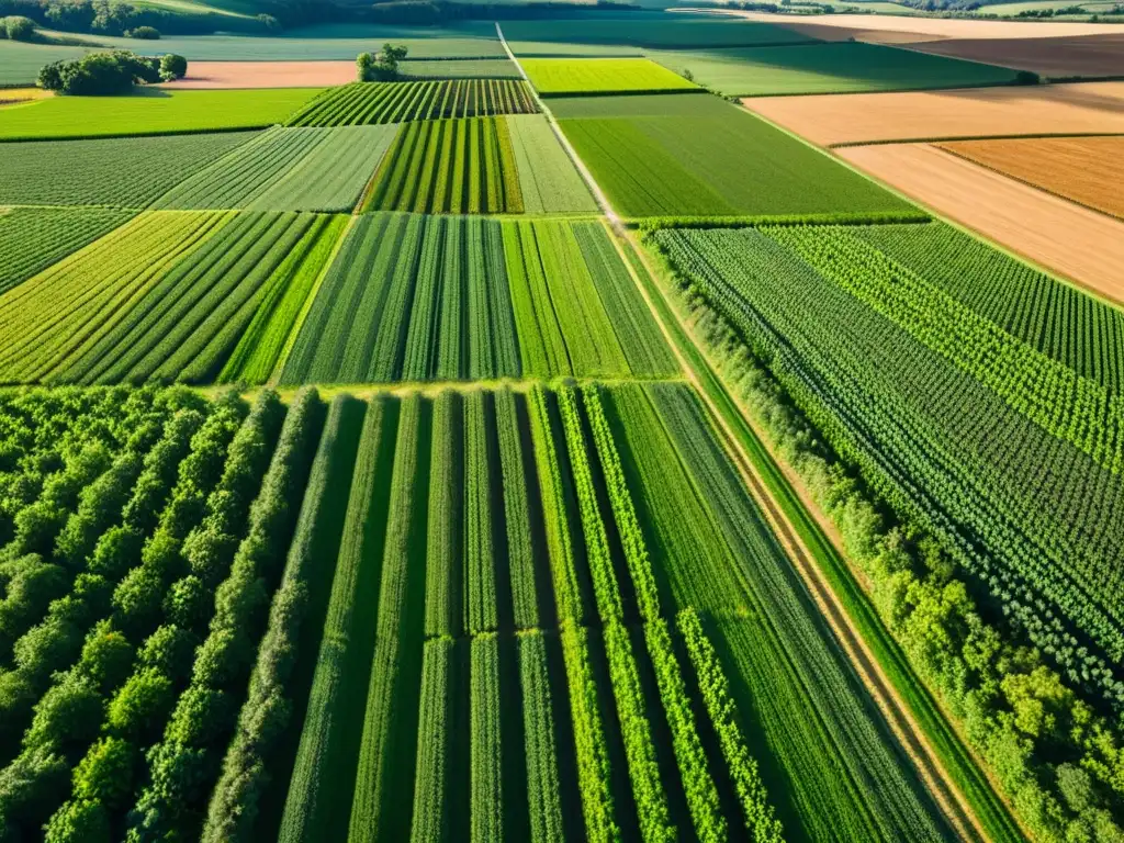 Vista aérea de un campo verde exuberante con cultivos y sombras dramáticas, iluminado por el sol