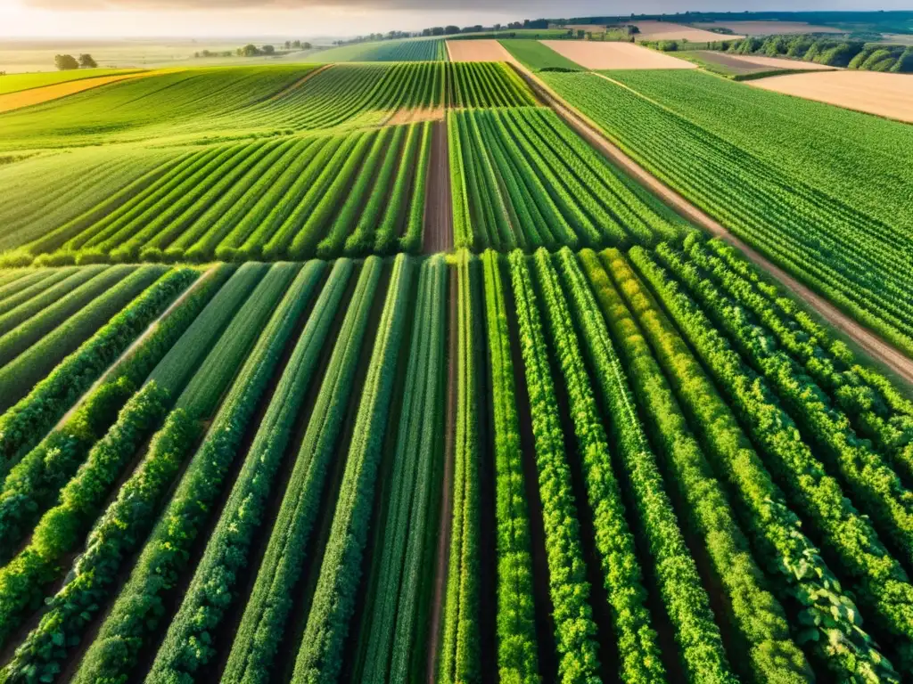 Vista aérea de campo agrícola verde exuberante con tecnología open source en agricultura integrada, mostrando innovación y armonía con la naturaleza