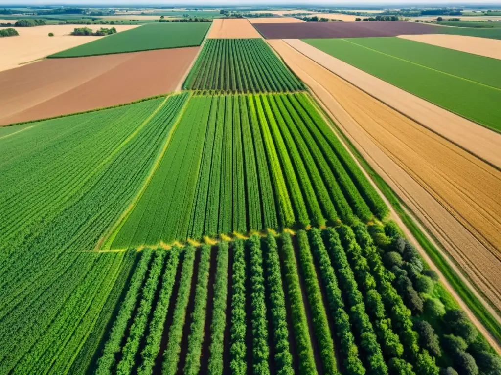 Vista aérea de campos agrícolas verdes con maquinaria moderna