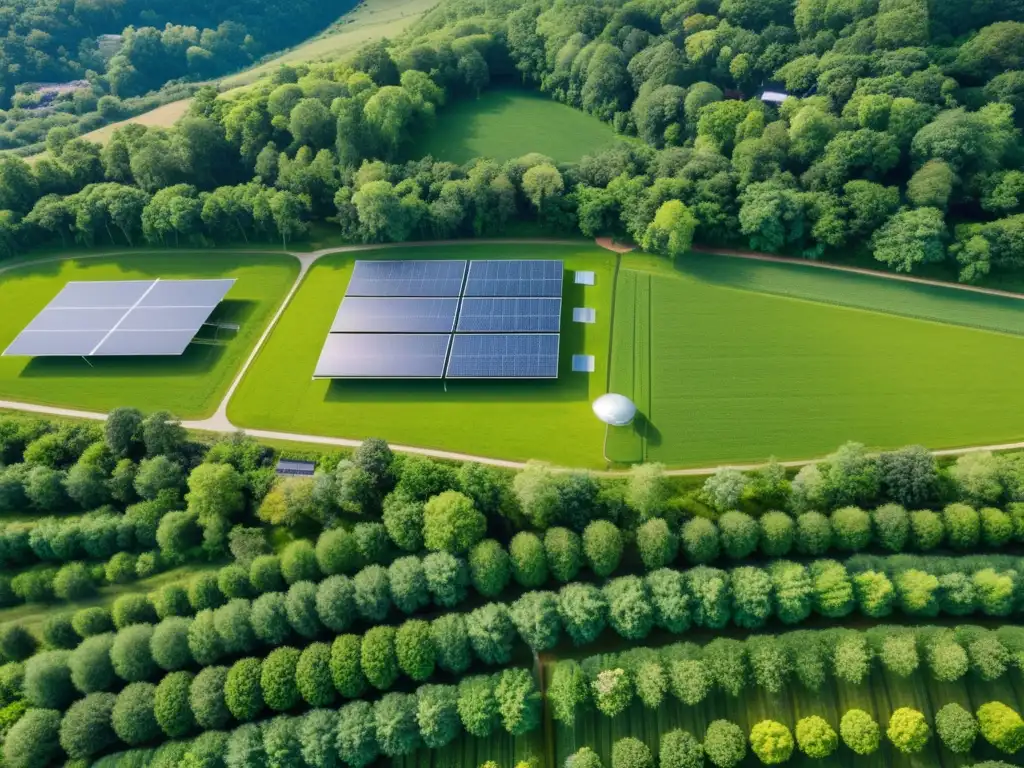 Vista aérea de un centro de desarrollo de software abierto entre exuberante vegetación, con paneles solares y turbinas eólicas