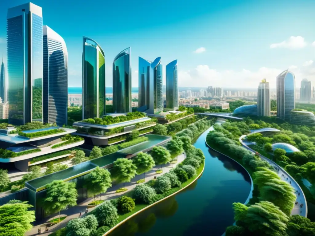 Vista aérea de una ciudad futurista integrada con naturaleza