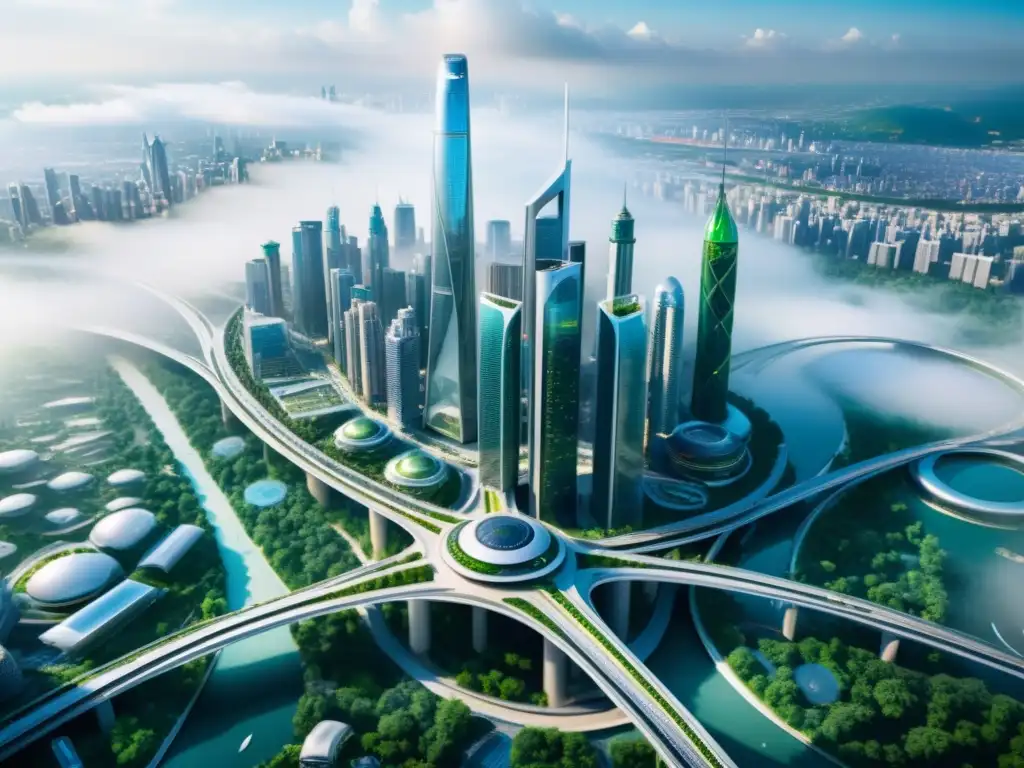 Vista aérea de una ciudad futurista envuelta en neblina, simbolizando la integración del software de código abierto en la nube