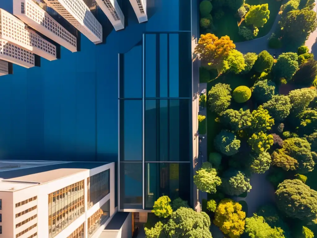 Vista aérea de una ciudad moderna con rascacielos, bañada en cálida luz solar