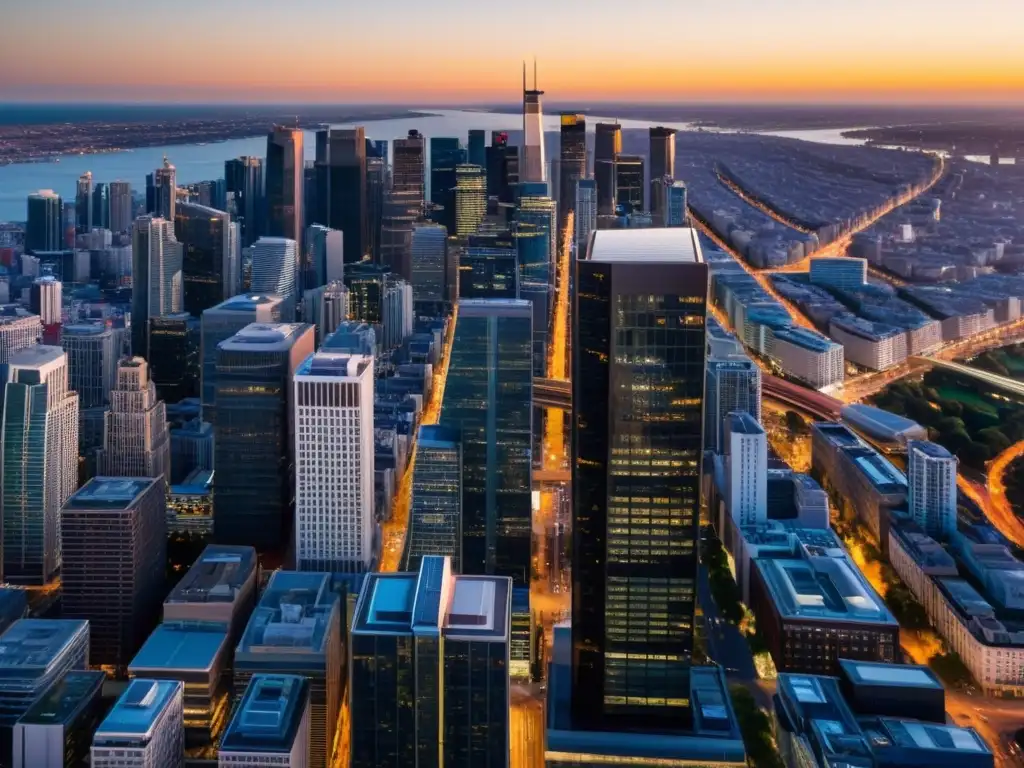 Vista aérea de una ciudad moderna al atardecer, con rascacielos y calles llenas de vida