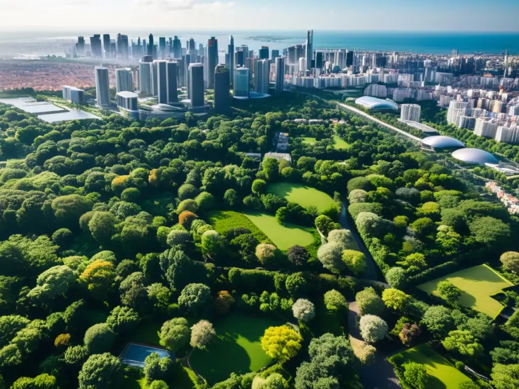 Vista aérea de una ciudad con parques verdes, ciclovías y rascacielos futuristas