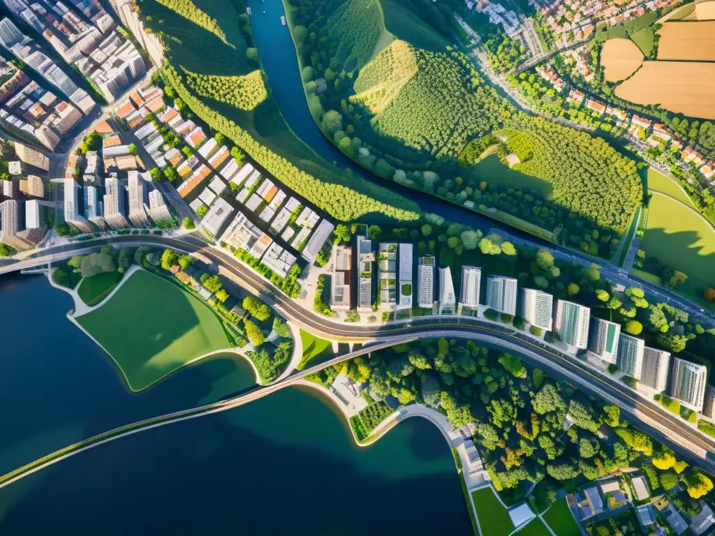 Vista aérea de una ciudad vibrante con calles, edificios y espacios verdes, resaltando el éxito global de OpenStreetMap