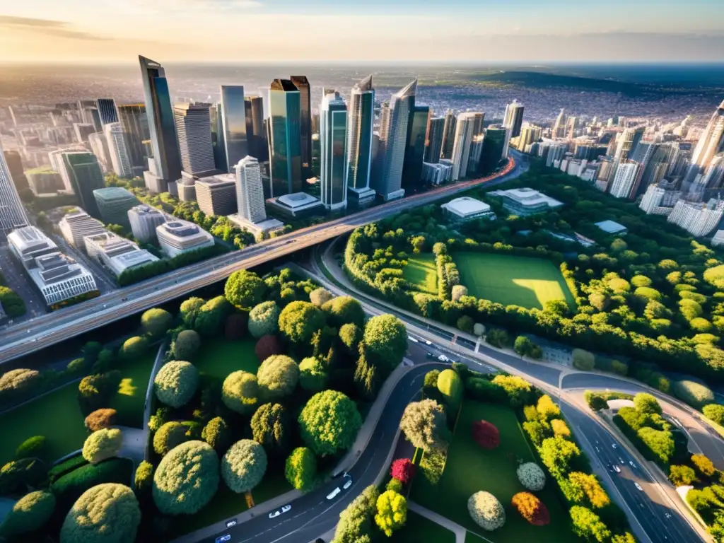 Vista aérea de una ciudad vibrante con rascacielos modernos y calles concurridas, rodeada de exuberante vegetación