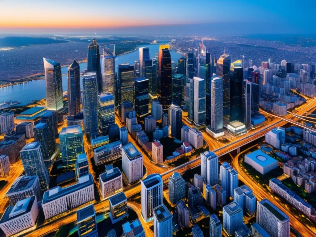 Vibrante ciudad de datos: luces y movimiento urbanos Vista aérea de una ciudad vibrante y conectada, resaltando el valor de datos abiertos en empresas