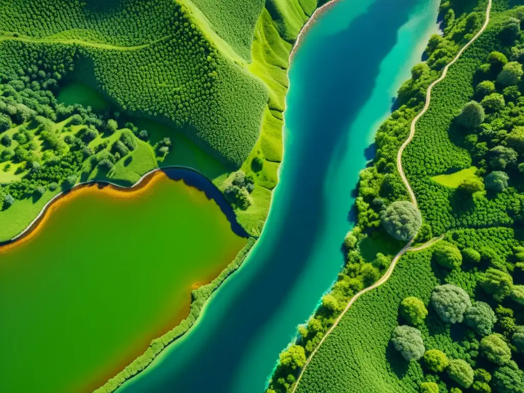 Vista aérea detallada en 8k de un paisaje exuberante con ríos sinuosos y vegetación vibrante