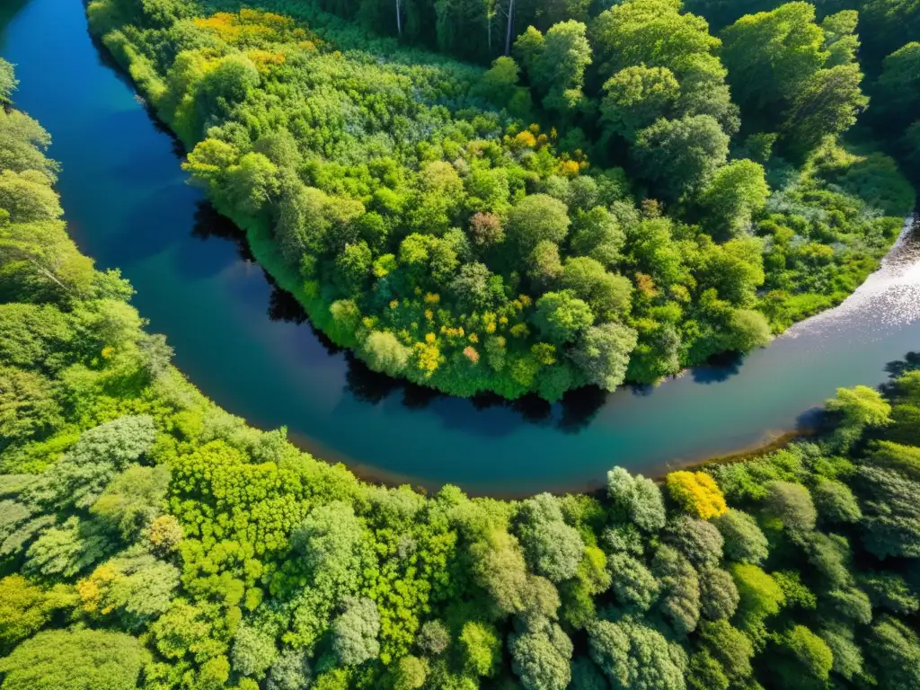 Vista aérea de un exuberante bosque con río y flores silvestres