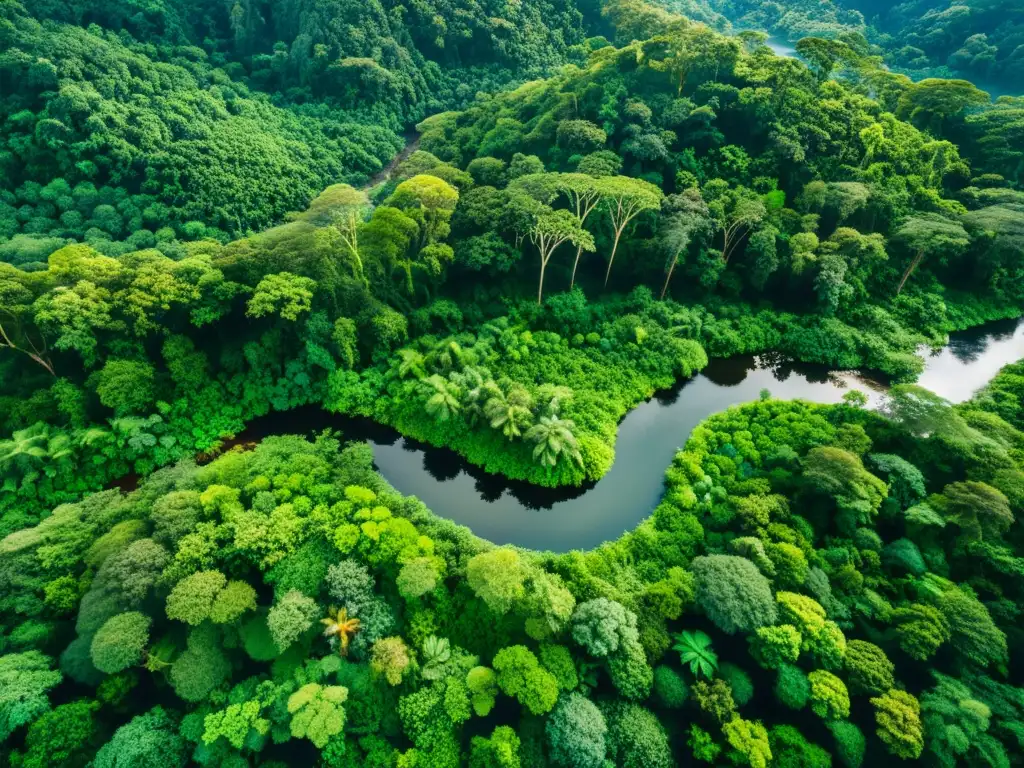 Vista aérea de exuberante selva con diversa biodiversidad, ríos y árboles altos