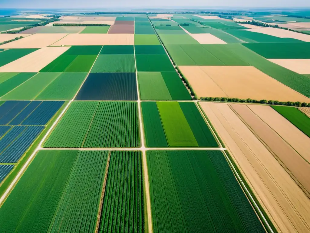 Vista aérea de granja moderna con tecnología open source en agricultura, cultivos ordenados y sistemas de energía sostenible