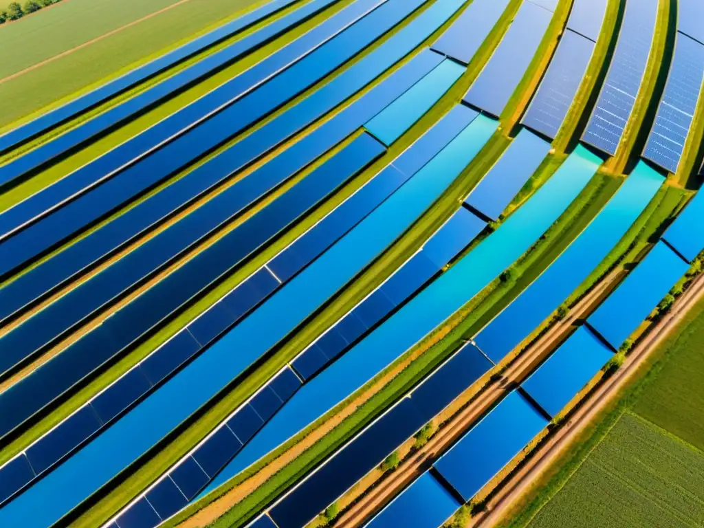 Vista aérea de una granja solar con paneles solares en filas, reflejando la innovación y la integración armoniosa de energías renovables en el paisaje