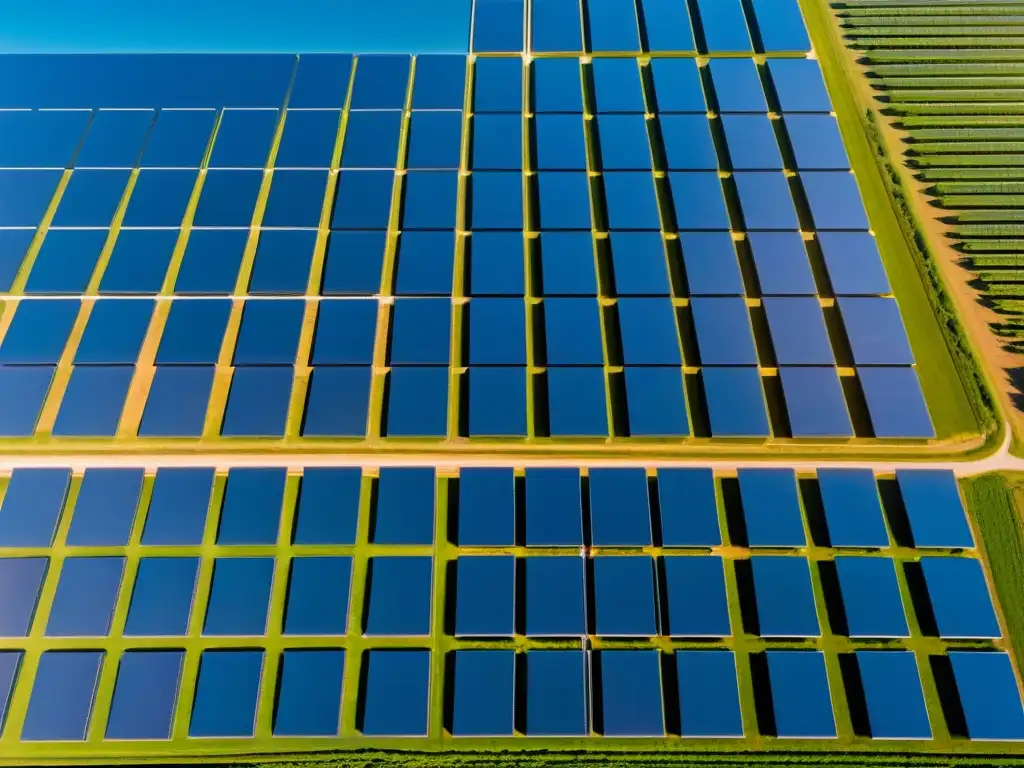 Vista aérea de una granja solar con paneles relucientes bajo un cielo azul