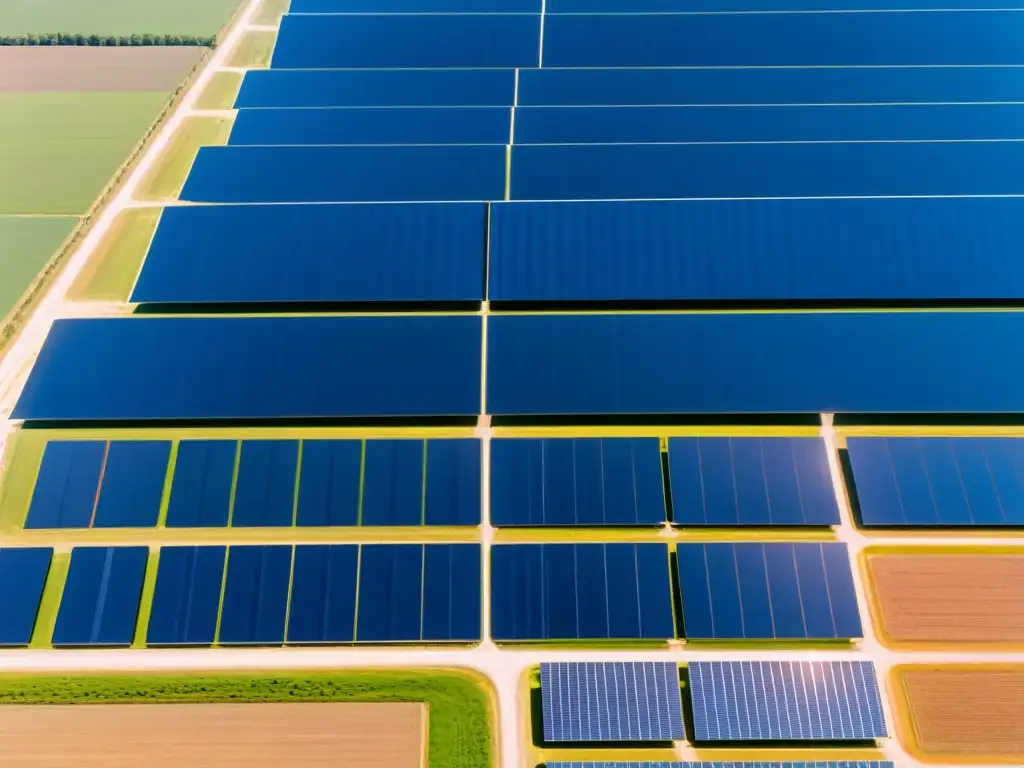 Vista aérea de una granja solar con paneles fotovoltaicos en filas, bajo un cielo azul claro