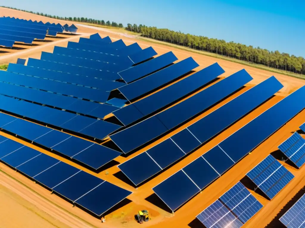 Una vista aérea de una granja solar con paneles relucientes bajo un cielo azul claro